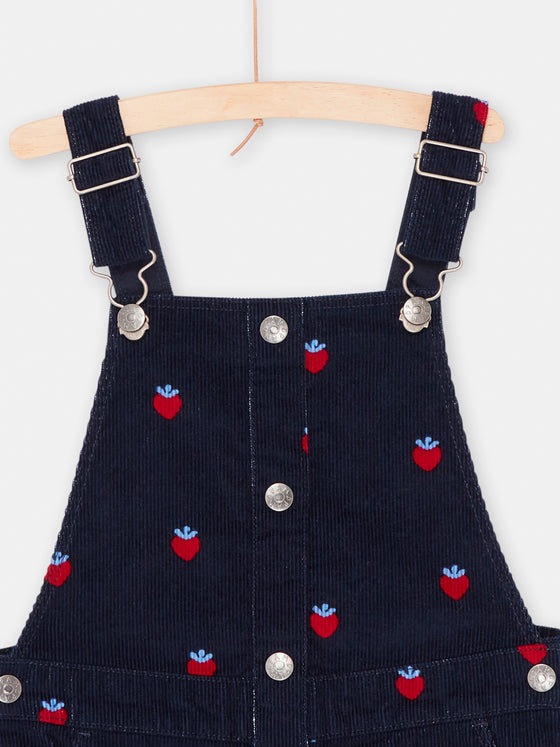 Girl midnight blue strawberry print dungaree dress