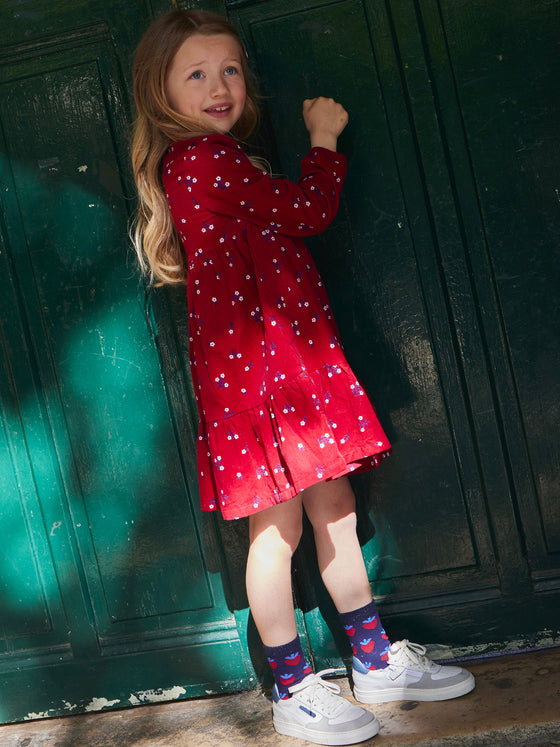 Girl red shirt dress with floral print