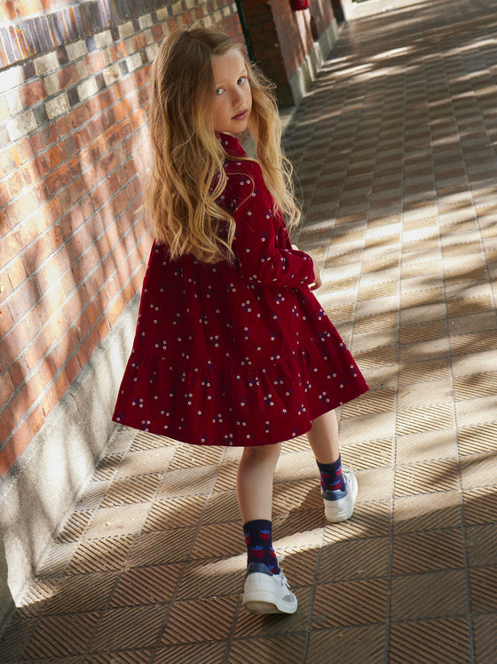 Girl red shirt dress with floral print