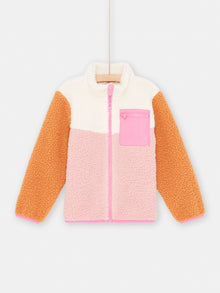  Girl orange. pink and ecru sherpa colorblock jacket