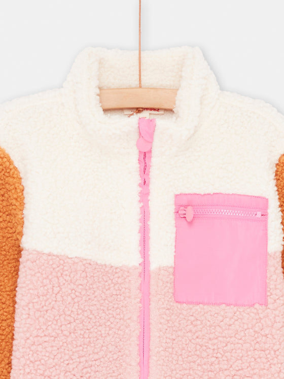 Girl orange. pink and ecru sherpa colorblock jacket