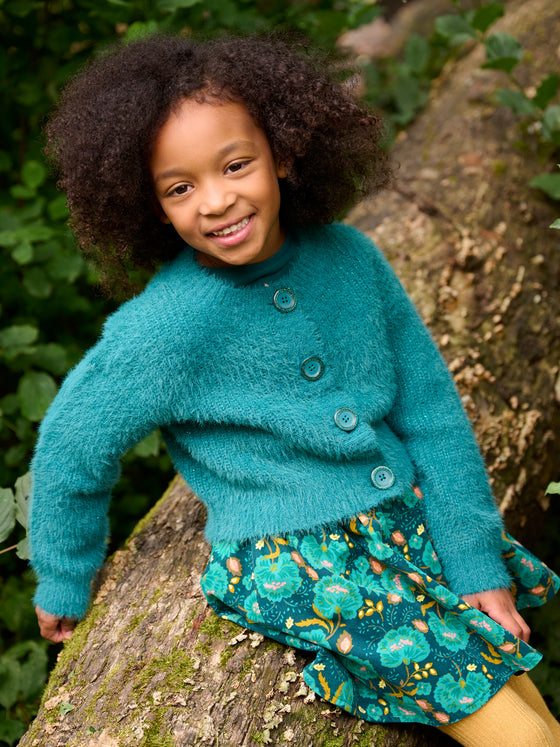 Girl duck blue feather-knit cardigan