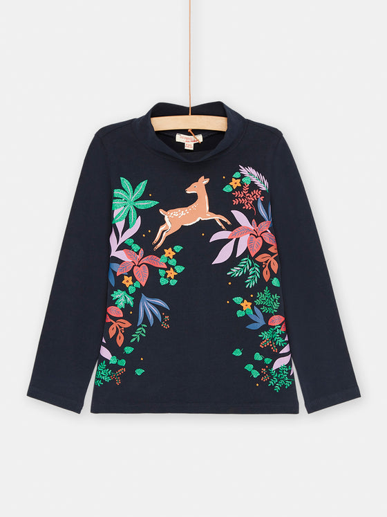 Girl noirine under-sweater with flowers and doe motifs