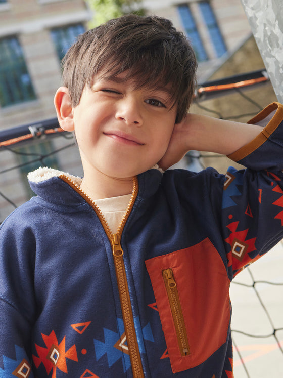 Boy midnight blue fleece vest with ethnic print