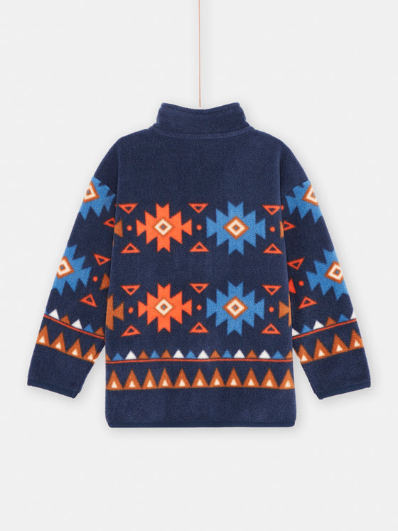 Boy midnight blue fleece vest with ethnic print