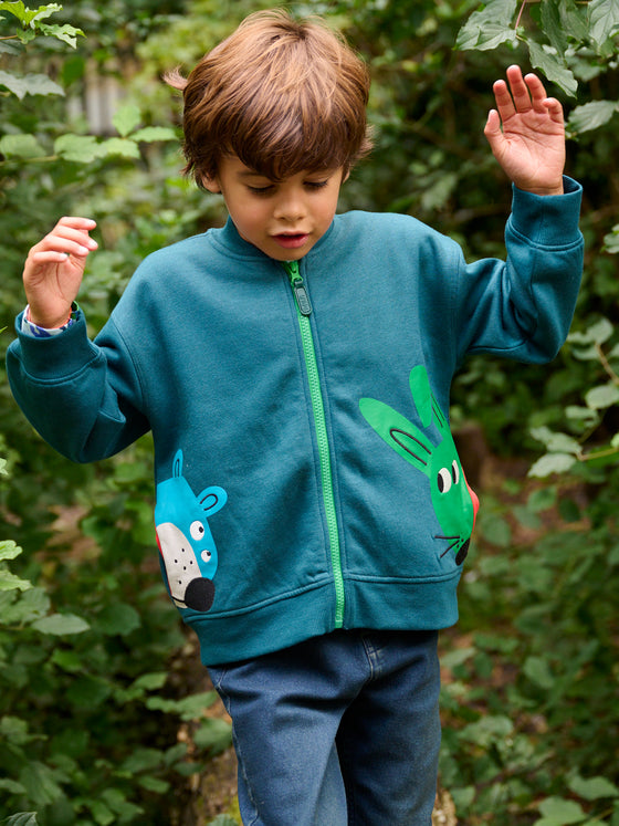 Boy petrol blue vest with bear and rabbit motifs