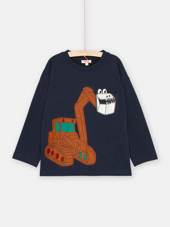 Boy night-blue T-shirt with backhoe motif