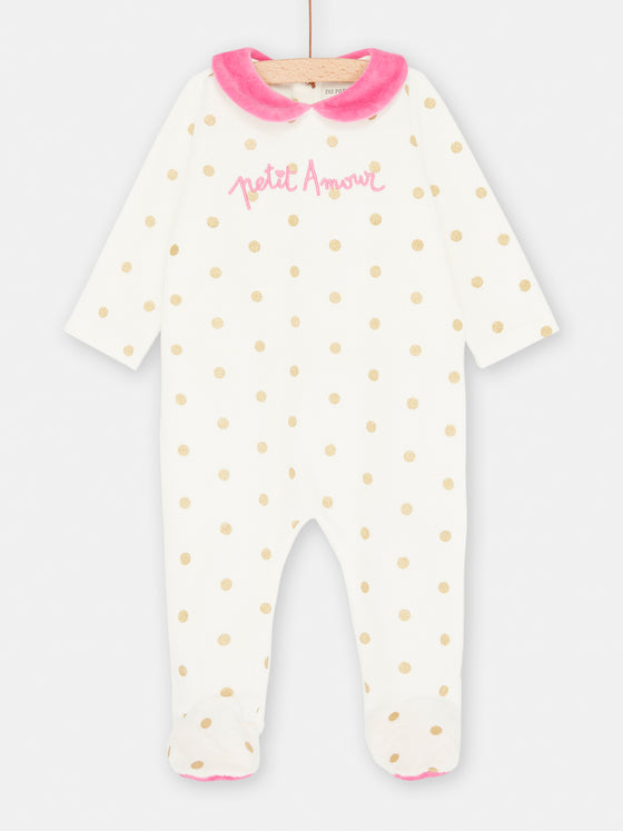 Girl ecru velvet romper with polka dots