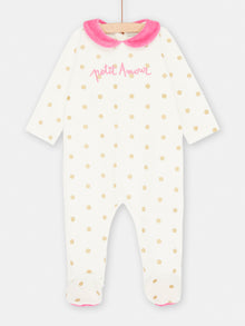  Girl ecru velvet romper with polka dots