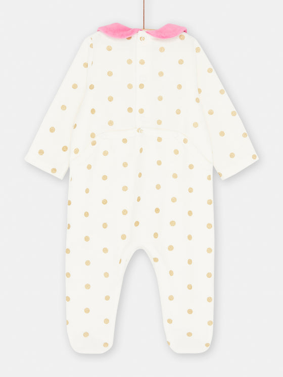 Girl ecru velvet romper with polka dots