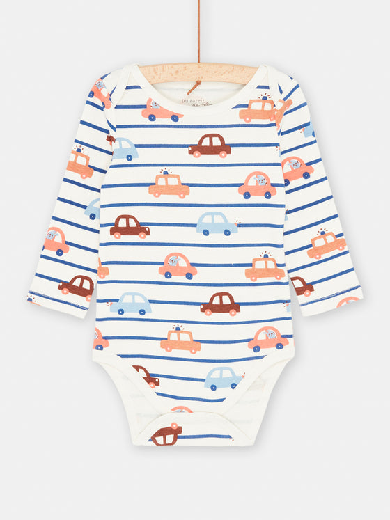 body with cars print and blue stripes