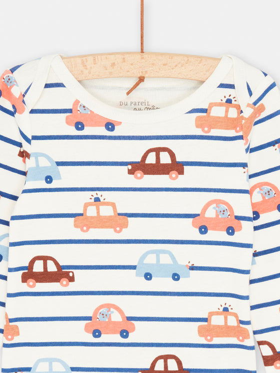 body with cars print and blue stripes