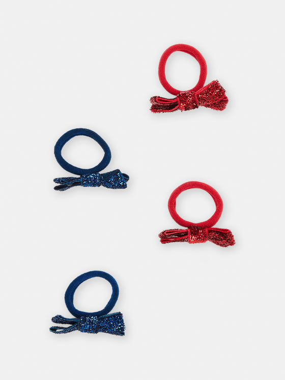 Set of 4 red and navy blue elastic bands with shiny bows for girls