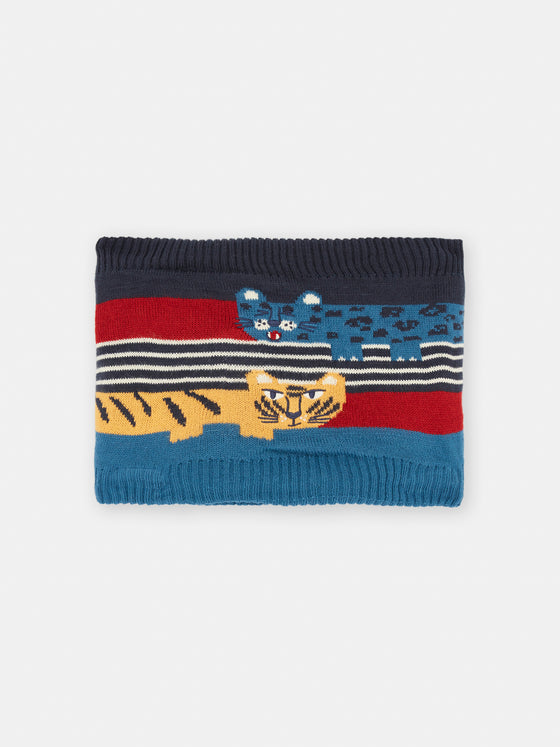 Blue neck warmer with feline print