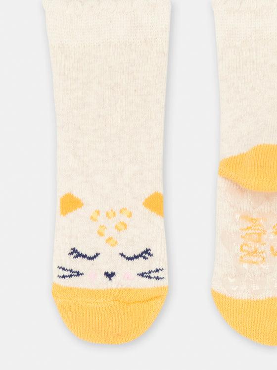 Beige mottled socks with leopard print for baby girl
