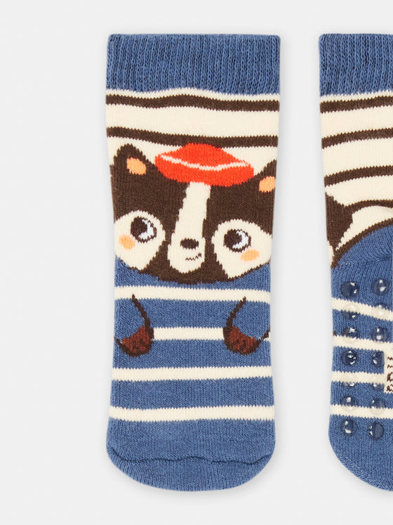 Baby Boy blue. brown and ecru striped print socks