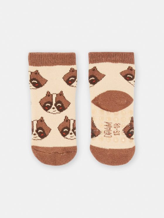 Beige and brown socks with raccoon print for baby boy