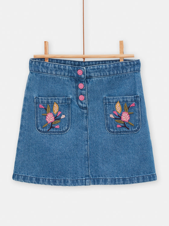 girls blue denim skirt with pink floral embroidery