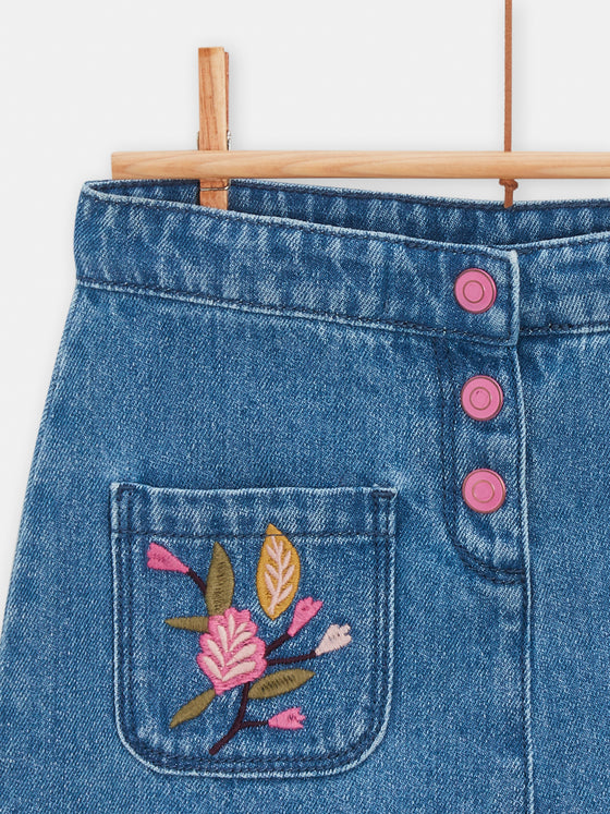 girls blue denim skirt with pink floral embroidery