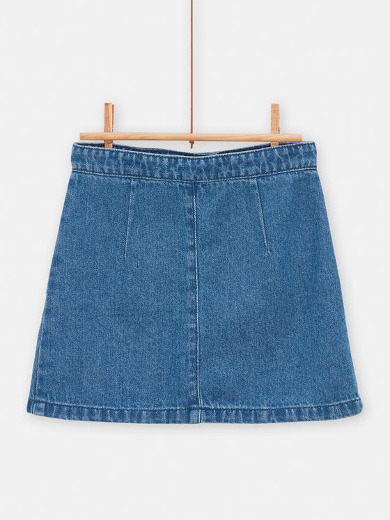 girls blue denim skirt with pink floral embroidery