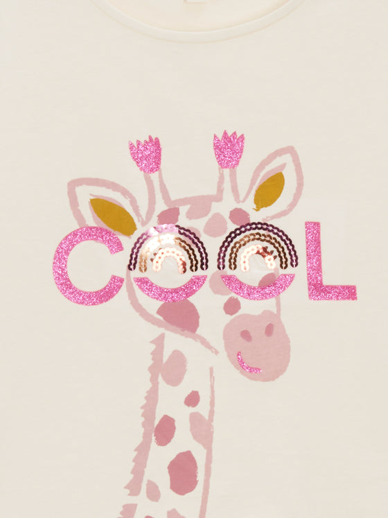 girls ecru animated giraffe Tshirt with glasses