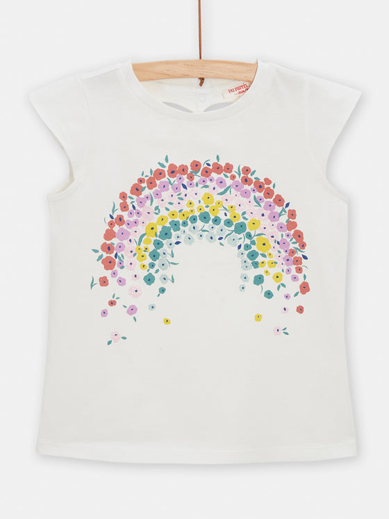 girls cream tshirt with rainbow pattern