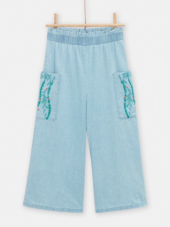 Girls wide-leg light denim trousers with embroidery