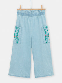  Girls wide-leg light denim trousers with embroidery