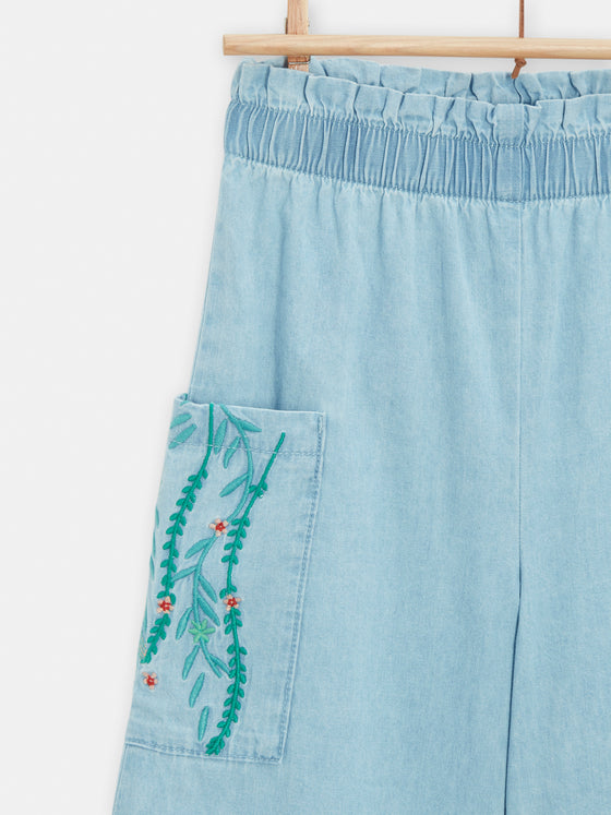 Girls wide-leg light denim trousers with embroidery