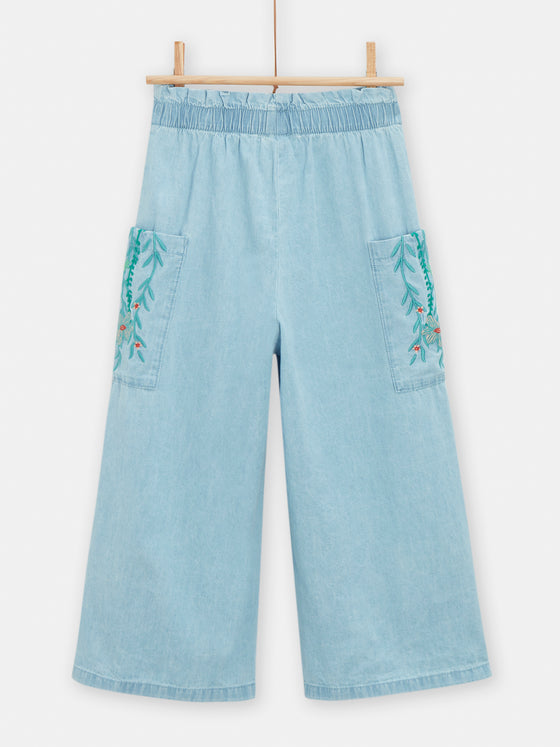 Girls wide-leg light denim trousers with embroidery