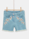 Short en denim clair avec broderie fleurie pour fille