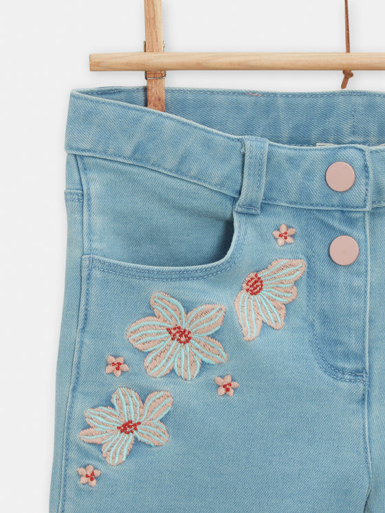 Short en denim clair avec broderie fleurie pour fille