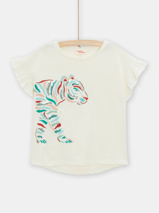 T-shirt ecru animation tigre pour fille