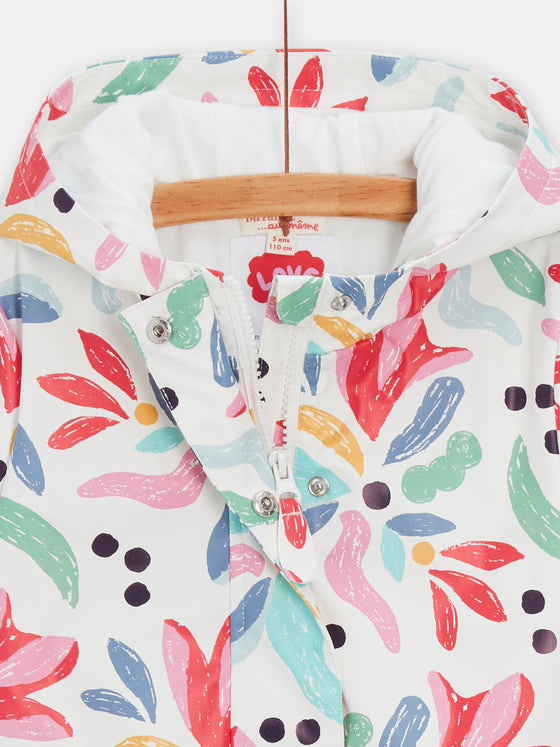 girls ecru raincoat with colorful fantasy print