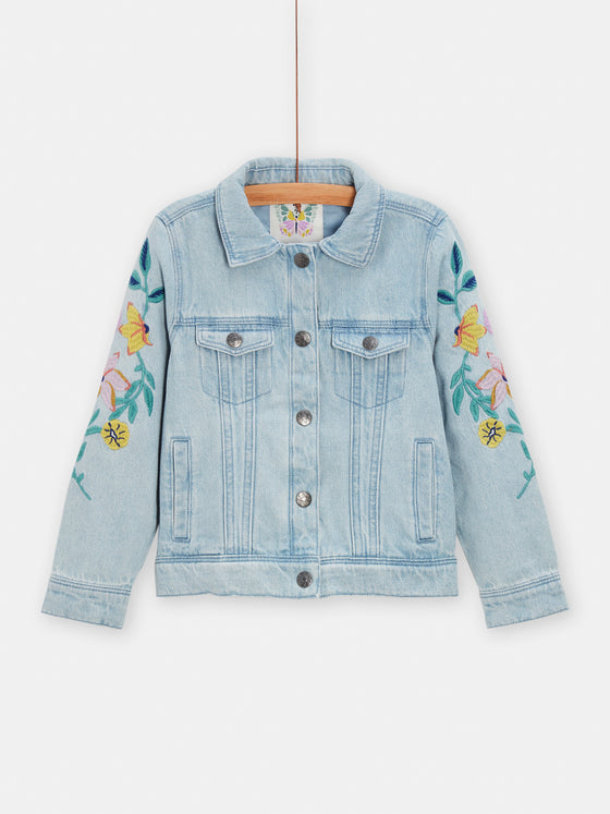 girls light denim jacket with floral embroidery