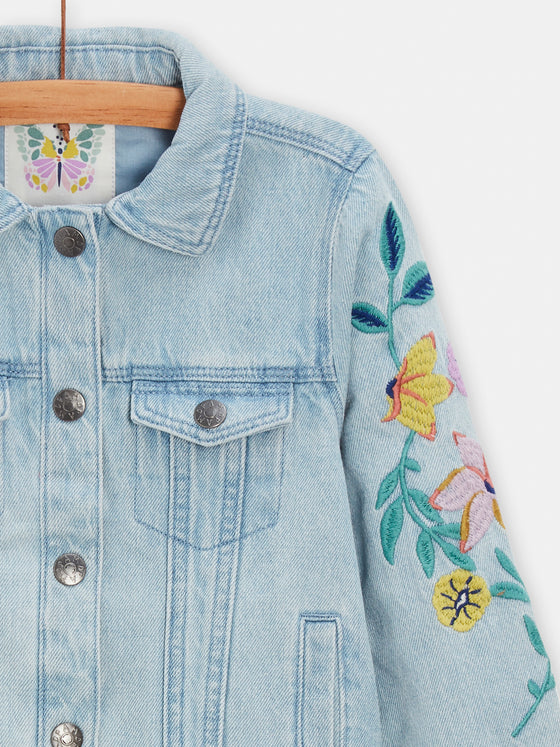 girls light denim jacket with floral embroidery