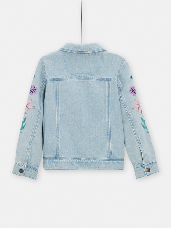 girls light denim jacket with floral embroidery