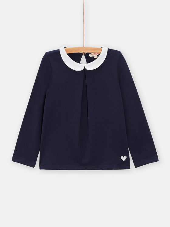 Girls navy blue T-shirt with Claudine collar