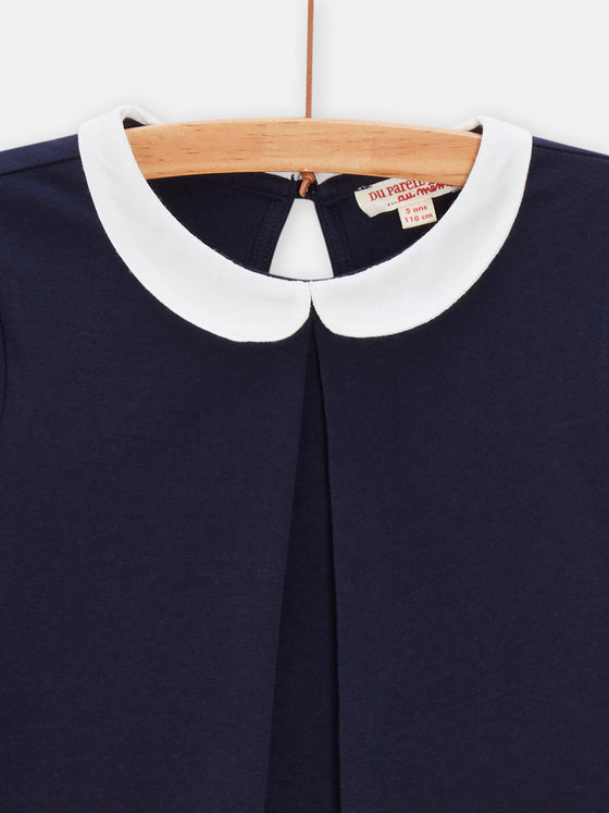 Girls navy blue T-shirt with Claudine collar