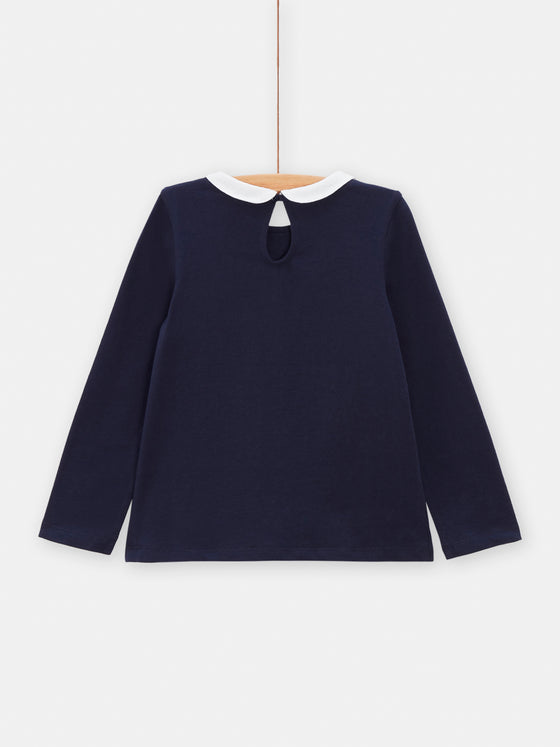 Girls navy blue T-shirt with Claudine collar