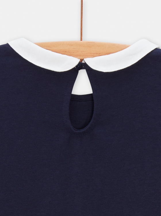 Girls navy blue T-shirt with Claudine collar