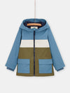 boys blue green and ecru color block hooded waterproof jacket