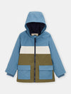 boys blue green and ecru color block hooded waterproof jacket