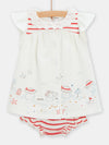 Sparrow print dress and red striped shorts set