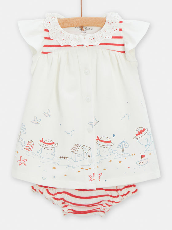 Sparrow print dress and red striped shorts set