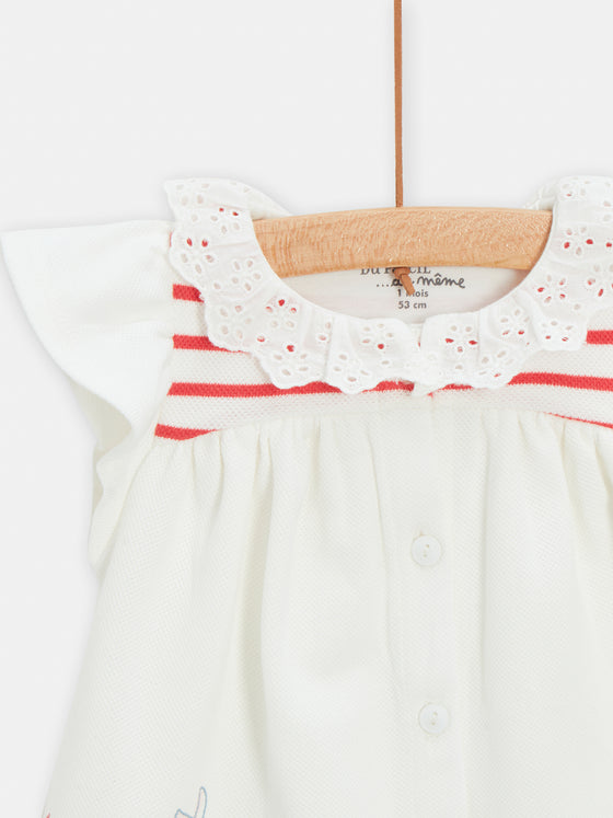 Sparrow print dress and red striped shorts set