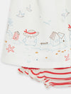 Sparrow print dress and red striped shorts set