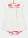 Sparrow print dress and red striped shorts set