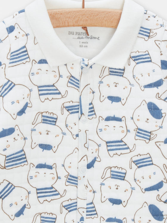 Off-white and blue cat print quilted romper for BOY