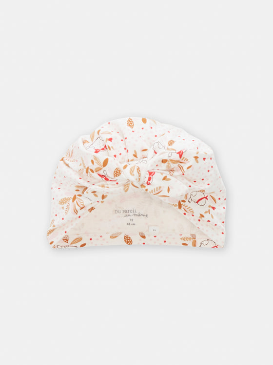 Off white polka dot bird and leaf print turban for baby girls